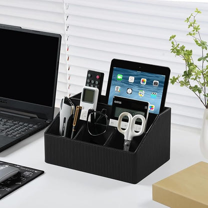 Remote Control Holder with 5 Compartments for Office Art Supplies, PU Leather Nightstand Organizer Pencil Pen Desk Caddy for Home, Desktop TV Remote Control Organizer Storage (Striped Black)