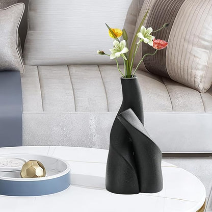 Irregular Circular Cross Ceramic Vase Set,Modern Minimalist Abstract Art Flower Vase for Home Decor,Decorative Small Bud Vase for Home Office Shelf Decor(Black)