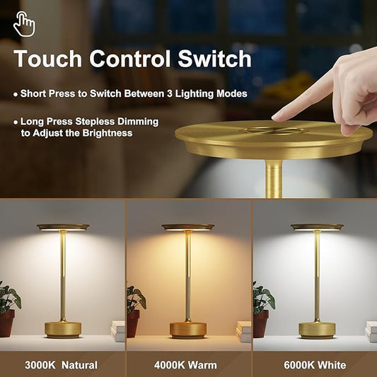 2 Pack Cordless Table Lamps Rechargeable, 5000mAh Portable LED Table Light, 3 Color Stepless Dimming Battery Powered Table Lamp, for Patio/Restaurant/Home/Outdoor.(Brushed Gold)