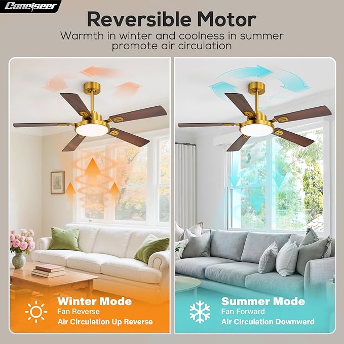 52 Inch Ceiling Fans with Lights and Remote for Bedroom Living Room Kitchen Office, Indoor/Outdoor Use, 5CCT Dimmable, 5 Blades, 6 Speed Reversible Quiet DC Motor, Gold/Wood Grain