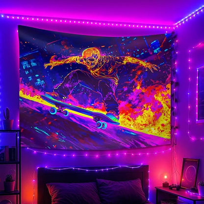 seewan Black Light Skull Tapestry, Glow-in-the-Dark UV Neon Street Art & Graffiti Wall Hanging, Cool Psychedelic Skull Skater Poster Tale, Bedroom Dorm Living Room Background Decor
