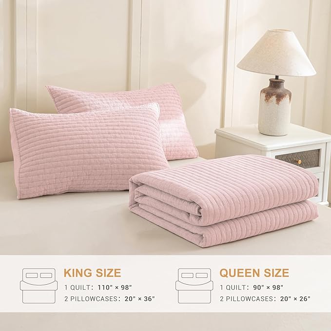 Sanracie Stonewashed Queen Quilt Bedding Set(90"x98"), Cotton Light Pink Crinkle Bedspread Coverlet 3Pcs Ultra Soft Lightweight Breathable Cross Stitch Pattern Bedspread Set for All Season