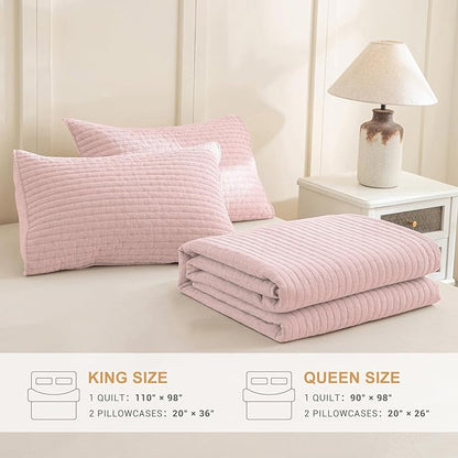 Sanracie Stonewashed Queen Quilt Bedding Set(90"x98"), Cotton Light Pink Crinkle Bedspread Coverlet 3Pcs Ultra Soft Lightweight Breathable Cross Stitch Pattern Bedspread Set for All Season