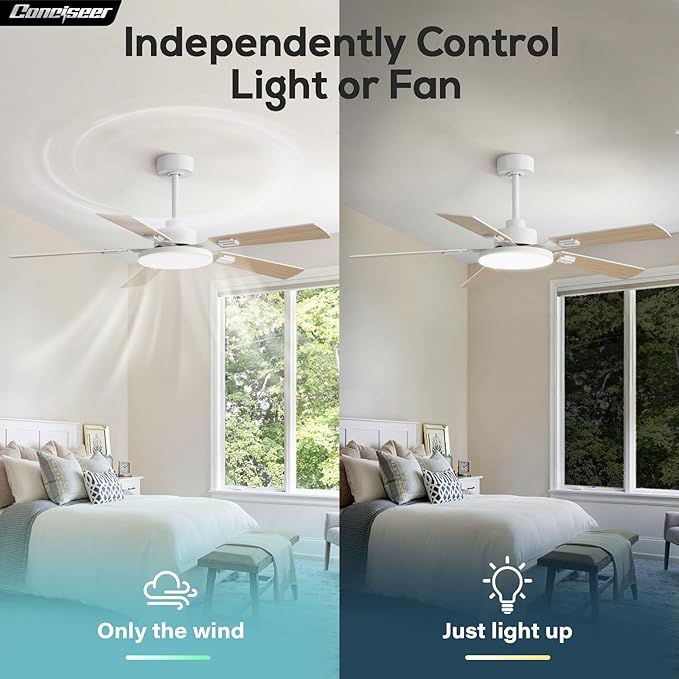 52 Inch Ceiling Fans with Lights and Remote for Bedroom Living Room Kitchen Office, Indoor/Outdoor Use, 5CCT Dimmable, 5 Blades 6 Speed Reversible Quiet DC Motor, White/Wood Grain, 2 Pack