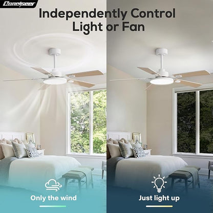 52 Inch Ceiling Fans with Lights and Remote for Bedroom Living Room Kitchen Office, Indoor/Outdoor Use, 5CCT Dimmable, 5 Blades 6 Speed Reversible Quiet DC Motor, White/Wood Grain, 2 Pack
