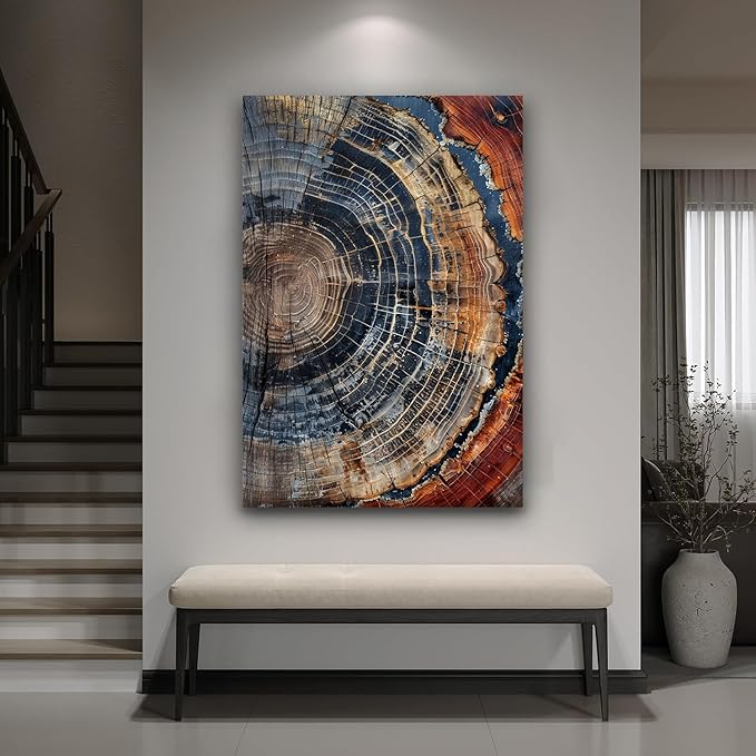 IBHJSART Framed Tree Ring Canvas Wall Art Vintage Colorful Wood Stump Painting Prints Modern Minimalist Pictures Neutral Nature Rustic Farmhouse Decor Living Room Bedroom Bathroom Office
