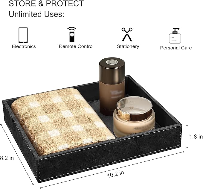 SITHON Valet Tray Desk Organizer, PU Leather Catchall Bedside Vanity Tray Nightstand Caddy Coin Box Key Jewelry Storage Organizer, Black