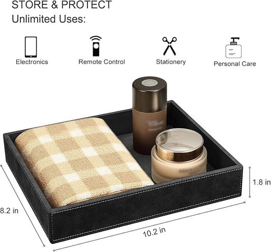 SITHON Valet Tray Desk Organizer, PU Leather Catchall Bedside Vanity Tray Nightstand Caddy Coin Box Key Jewelry Storage Organizer, Black