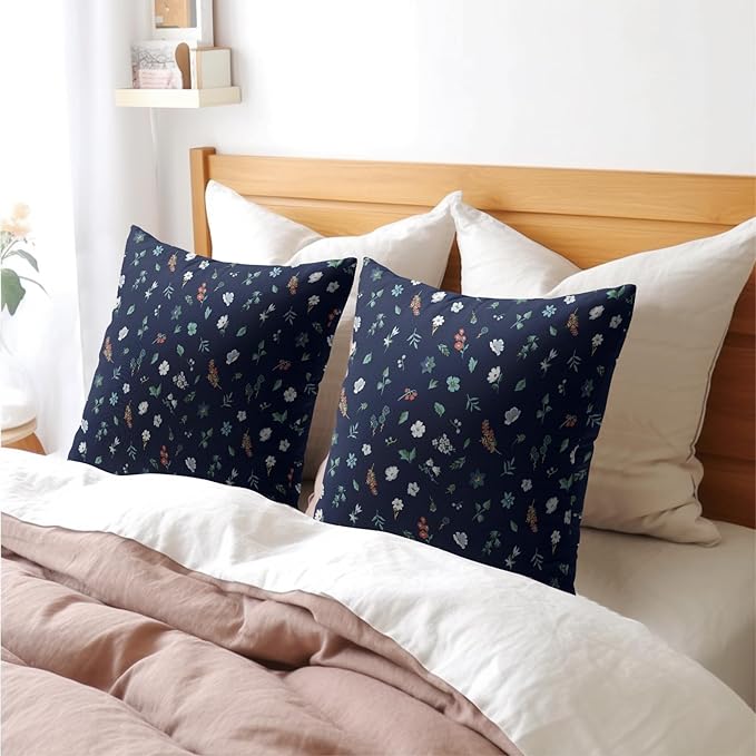 Vitage Floral Pillow Covers 16x16 Set of 2 Navy Green Spring Flower Leaf Pattern Rustic Decorative Outdoor Farmhouse Zipper Boho Pillowcases Decorations Throw Cushion Cover Decor for Couch Sofa Bed