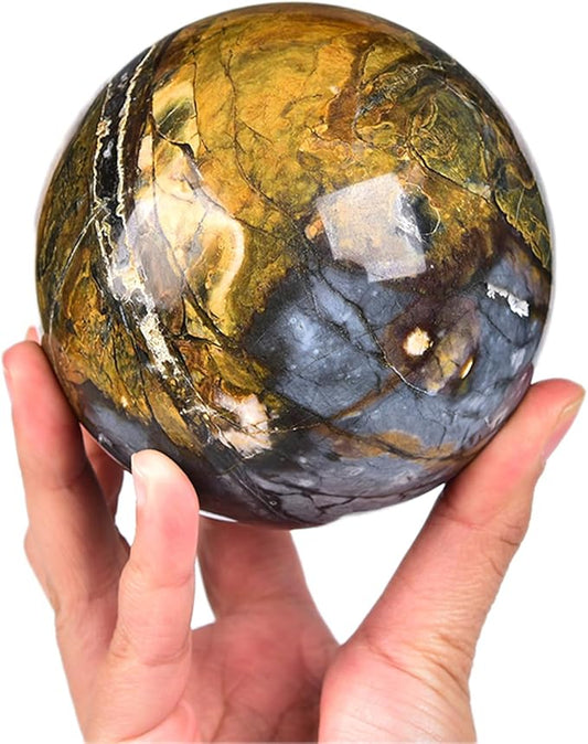 JIC Gem Pietersite Crystal Sphere with Wooden Stand, Blues and Golden Browns, 100-110mm