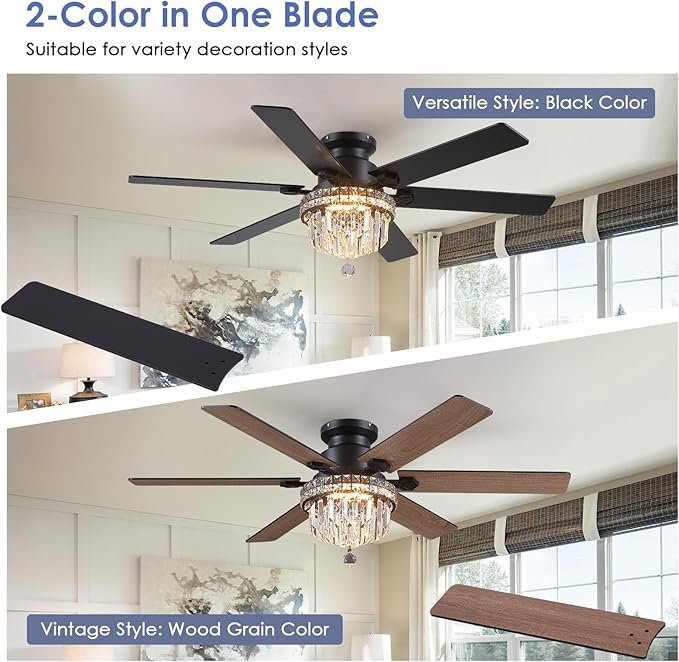 Asyko Crystal Ceiling Fan Fandelier with Lights - 52" Outdoor Fans with Remote Control，Crystal Ceiling Fans Noiseless DC Motor, Retro/Farmhouse Lighting, Dining Room,Living Room