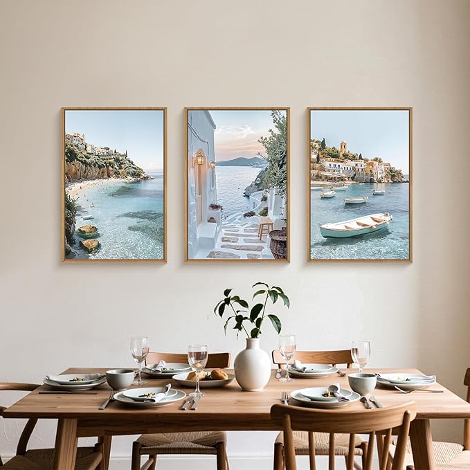 Natural Coastal Ocean Framed Canvas Wall Art Set,Modern Whitewashed Architecture Scenery Wall Decor, Mediterranean Beach Boat Landscape Artwork for Living Room, Bedroom,Farmhouse- 16"x24"x3