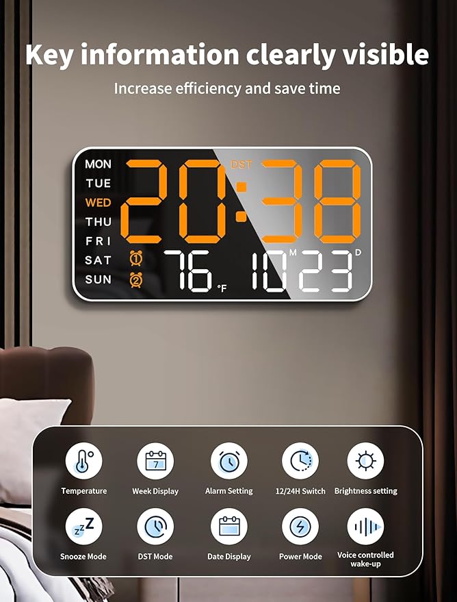 MASHI 8.4''Large Digital Wall Clock, Led Alarm Clock with Big Digits, Date, Temperature, DST, Modern Decor Design for Desk,5-Level Brightness for Room, Bedroom, Gift, Yougster and Elderly