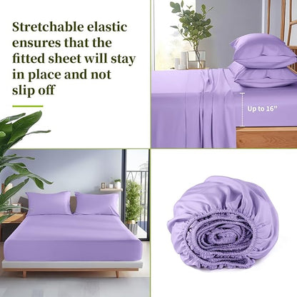 Shilucheng 100% Viscose Derived from Bamboo_ Sheets Queen Size 6pcs - Ultra Cooling & Silky Soft Bed Sheets, 16" Deep Pocket, Perfect for Hot Sleepers, Hotel Bedding Sheets (Lilac)