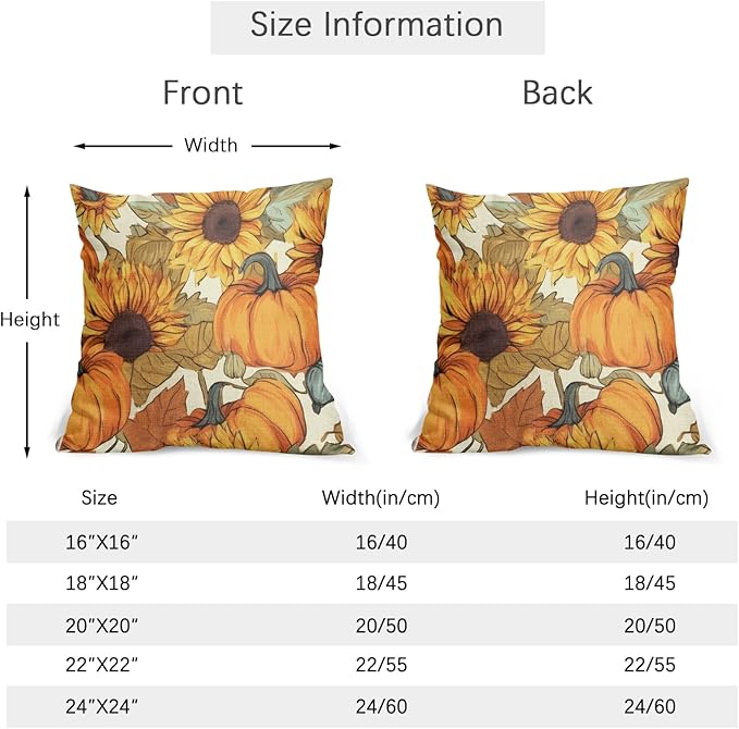 Pumpkin Fall Pillow Covers 16x16 Set of 2 Burnt Orange Autumn Thanksgiving Pillow Cases Sunflower Pattern Outdoor Decorative Holiday Cushion Cover Rustic Decoration Farmhouse Home Sofa Couch Bed Decor