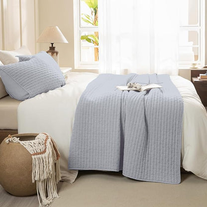 Sanracie Stonewashed Cotton Coverlet King Size(110"x98"), Cornflower Blue Cross Stitch Pattern Quilt Bedding Set 3Pcs Extra Soft Breathable Crinkle Quilted Bedspread Set for All Season