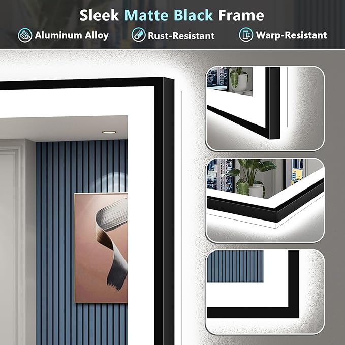60x30 Black Framed LED Bathroom Mirror with Lights, Backlit + Front Lit, Anti-Fog Lighted Vanity Mirror for Bathroom Wall with 3 Colors, Stepless Dimmable, Memory, Tempered Glass, ETL Listed