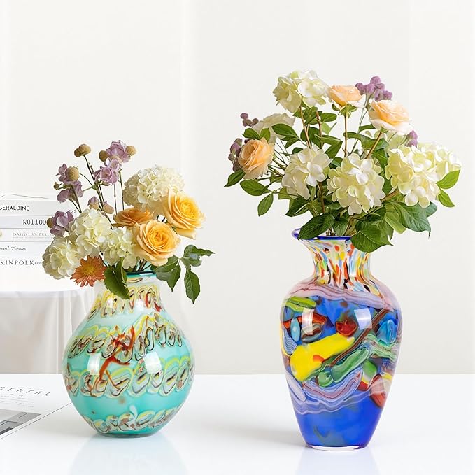 Glass Vases for Flower, Unique Hand Blown Blue Glass Vase, Modern Art Decorative for Home Living Room, Office, Table centerpieces, Bookshelves and Wedding Decorations (JG29)