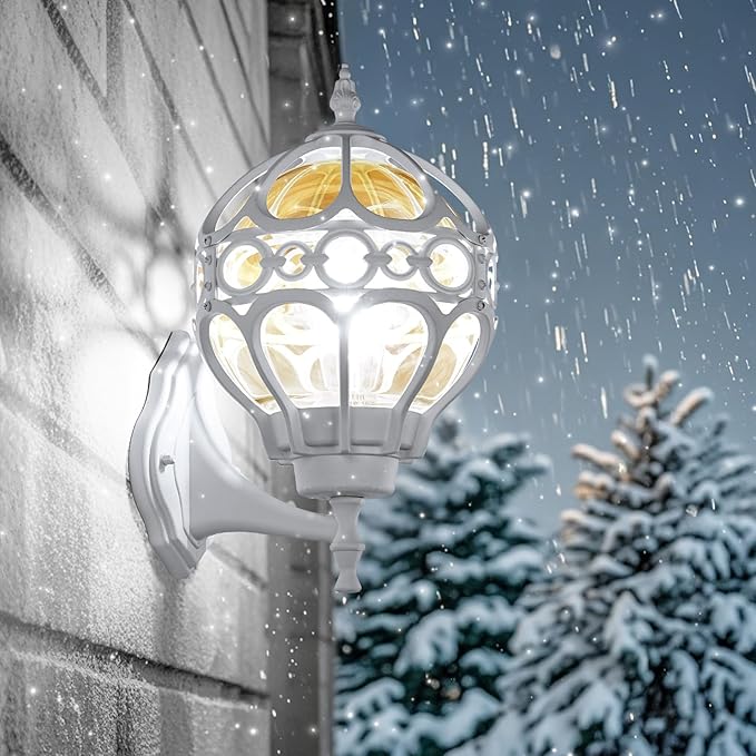 Globe Outdoor Wall Lights for Porch Patio Garage, White Aluminum Outdoor Light Fixtures Wall Mount, Sphere Waterproof Outside Wall Sconces Exterior House Lantern Lighting with Amber Glass