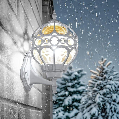 Globe Outdoor Wall Lights for Porch Patio Garage, White Aluminum Outdoor Light Fixtures Wall Mount, Sphere Waterproof Outside Wall Sconces Exterior House Lantern Lighting with Amber Glass