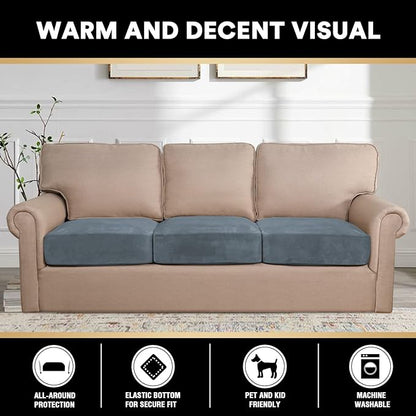 PrinceDeco Velvet Stretch Couch Cushion Covers, Sofa Slip Covers for 3 Seat Cushion Couch Chair Loveseat Sofa Cushion Furniture Protector Sofa Cover (Each Width Up to 29.5", Stone Blue)