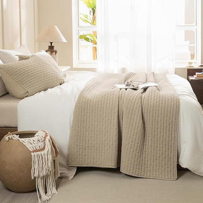 Sanracie Stonewashed Cotton Coverlet Queen Size(90"x98"), Ultra Soft Dark Wheat Color Crinkle Quilt Bedding Set 3Pcs Cross Stitch Pattern Lightweight Breathable Bedspread Set for All Season