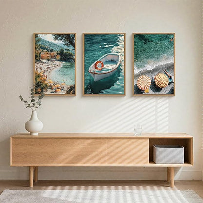 Natural Coastal Ocean Framed Canvas Wall Art Set,Mediterranean Amalfi Blue Green Beach Seascape Decor,Modern Summer Seaside Boat & Umbrella Artwork for Living Room,Bedroom,Farmhouse- 24"x36"x3