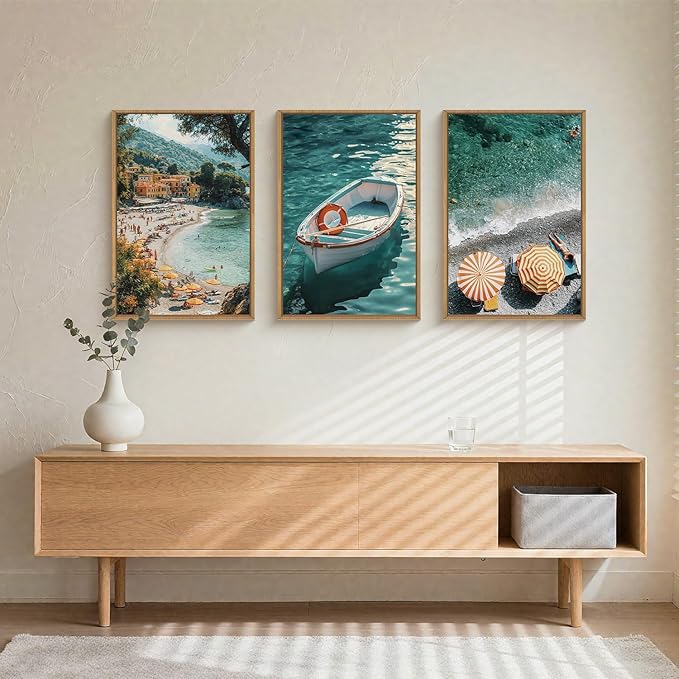 Natural Coastal Ocean Framed Canvas Wall Art Set,Mediterranean Amalfi Blue Green Beach Seascape Decor,Modern Summer Seaside Boat & Umbrella Artwork for Living Room,Bedroom,Farmhouse- 16"x24"x3
