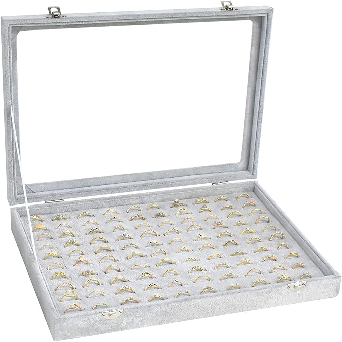 Ring Display Case Organizer Box with Transparent Lid, 100 Slot Ring Organizer Holder Showcase For Store Display Jewelry Show Home (Grey)
