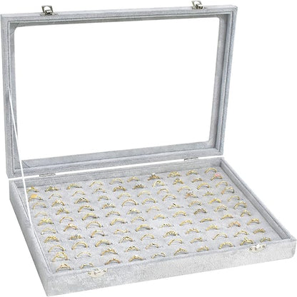 Ring Display Case Organizer Box with Transparent Lid, 100 Slot Ring Organizer Holder Showcase For Store Display Jewelry Show Home (Grey)