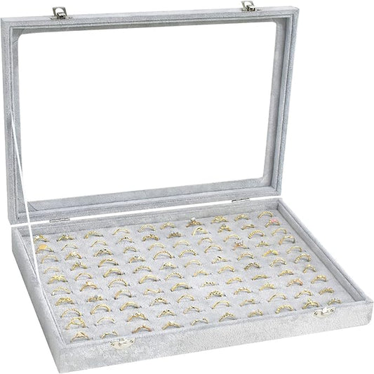 Ring Display Case Organizer Box with Transparent Lid, 100 Slot Ring Organizer Holder Showcase For Store Display Jewelry Show Home (Grey)