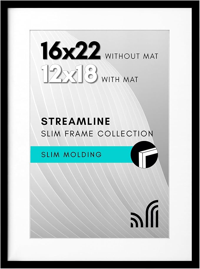 Americanflat 16x22 Picture Frame with Polished Plexiglass - Use as 12x18 Frame with Mat or Display 16x22 Photo Without Mat - Streamline Collection - Thin Border Picture Frames for Wall - Black