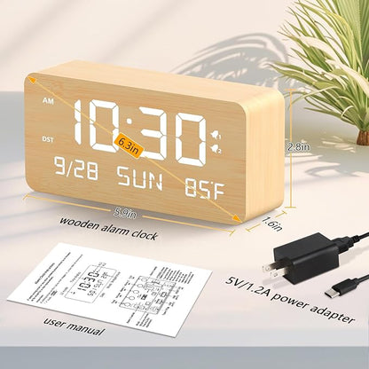 Wooden Digital Alarm Clock for Bedroom -Desk Clock with Date, Day of Week, Temperature, Dual Alarms, Dimmer, USB Port Charge, DST, Adjustable Volume for Living Room/Office Wood Decor (Bamboo)