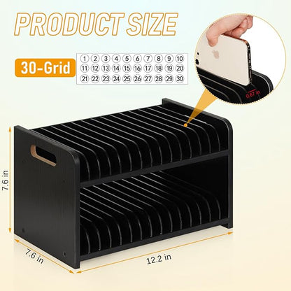 Cell Phone Storage Classroom Cell Phone Holder Adjustable Wooden Multiple Rack Caddy Organizer Box for Classroom Office Desktop with 1-30 Number Stickers (30-Grid) (Black)