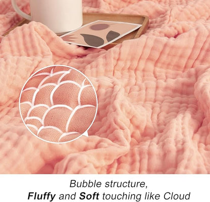 EMME Cotton Blanket Queen Size for Bed Soft Large Muslin Bed Blankets 90"x90" Lightweight Breathable All Season Gauze Blanket, Pink