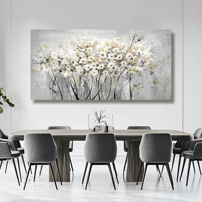 Flowers Canvas Wall Art White Paintings Grey Gold Contemporary Artwork Master Bedroom Wall Decor 29"x 58" Large Framed Art for Living Room Office Home Decor