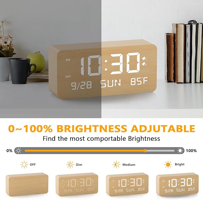 Wooden Digital Alarm Clock for Bedroom -Desk Clock with Date, Day of Week, Temperature, Dual Alarms, Dimmer, USB Port Charge, DST, Adjustable Volume for Living Room/Office Wood Decor (Bamboo)