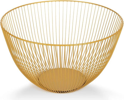 IBWell Wire Fruit Basket Fruit Bowl Kitchen Fruit Basket Stand Fruit Bowls for the Counters Metal Fruit Bowl (Exposure) (Round-Gold)