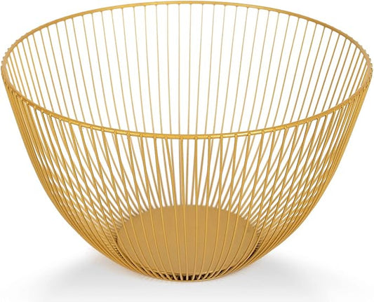 IBWell Wire Fruit Basket Fruit Bowl Kitchen Fruit Basket Stand Fruit Bowls for the Counters Metal Fruit Bowl (Exposure) (Round-Gold)