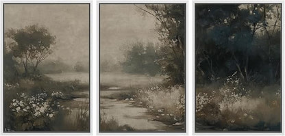 MUDECOR Framed Wall Art Print Set Vintage Landscape Subtle Forest and River in Earthy Tones Illustrations Modern Art Boho Decorative Colorful Chic for Living Room, Bedroom, Office - 24"x36"x3 White