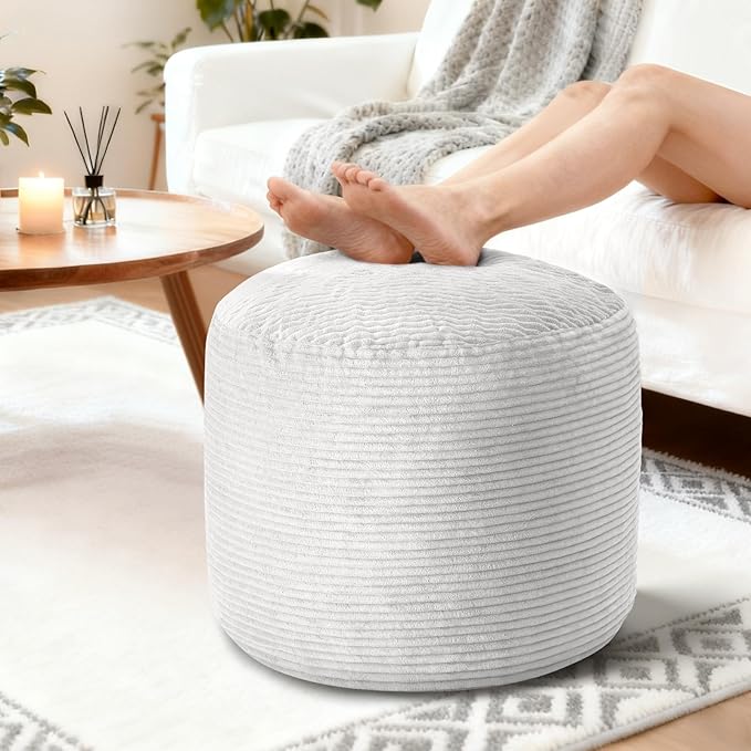 Pouf Ottoman Foot Rest, Comfortable & Soft, Round Footstool Ottoman for Living Room, Bedroom, Office, Room Decoration, Corduroy Foot Stool Pouf with Odorless & Anti-Clump Filling, Small Grey