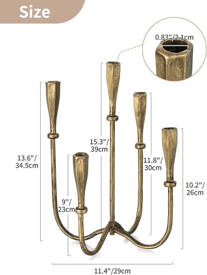 NUPTIO Iron Taper Candle Holders: Gold Tall Candelabra for Candlestick - Antique Brass Candle Stick Holder 5 Arm for Thanksgiving Christmas Fireplace Table Centerpiece