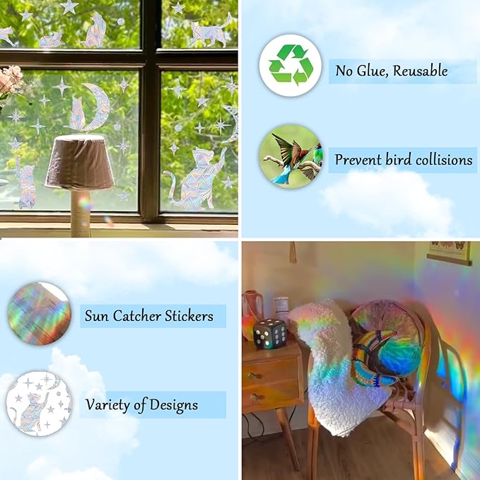 59 Pieces Star Moon Cat Sun Catcher Window Clings for Glass Windows, Anti-Collision Stickers Decals Prevent Bird Strikes,Rainbow Prismatic Window Clings Non Adhesive
