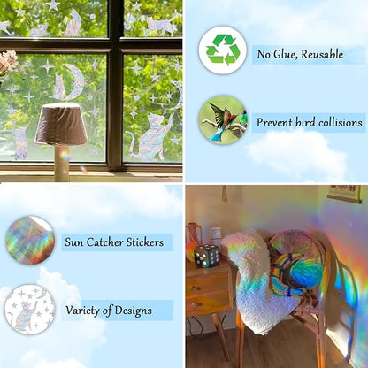 59 Pieces Star Moon Cat Sun Catcher Window Clings for Glass Windows, Anti-Collision Stickers Decals Prevent Bird Strikes,Rainbow Prismatic Window Clings Non Adhesive