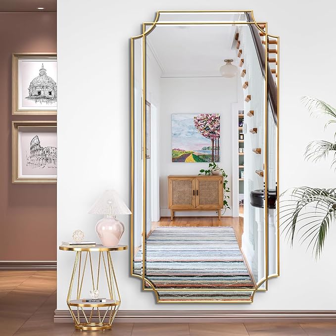 Gold Full Length Mirror for Wall, 59" x30" Wooden Framed, Polished Bevelled Rectangle Mirror, Art Decorative Mirrors for Wall Decor, Irregular Mirrors for Living Room, Bathroom, Entryway