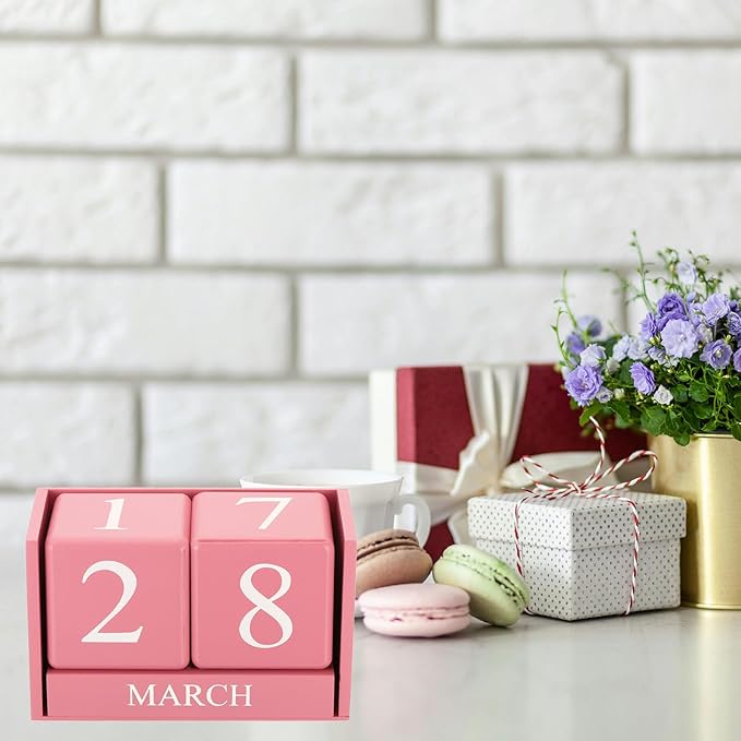 YOKIVE Wooden Block Perpetual Calendar for Desk, Wood Month Date Display Blocks, Great for Daily Desktop Shop Bar Desk Decor (Pink)