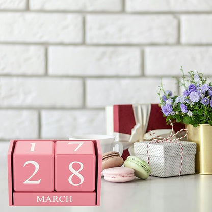 YOKIVE Wooden Block Perpetual Calendar for Desk, Wood Month Date Display Blocks, Great for Daily Desktop Shop Bar Desk Decor (Pink)