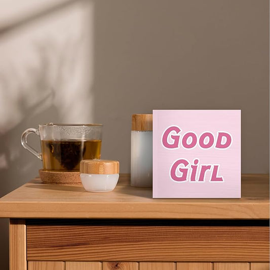 Trendy Coquette Wood Box Sign Desk Decor, Girly Pink Preppy Decor, Good Girl Wooden Block Sign Decorations for Home College Apartment Teen Girl Room Bedroom Living Wall Tabletop Shelf Decor