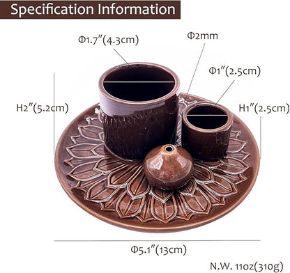 4 in 1 Multifunctional Ceramic Incense and Candle Holder with Ash Catcher Tray Suit for Burning White Sage, Palo Santo Sticks (Dark Brown)