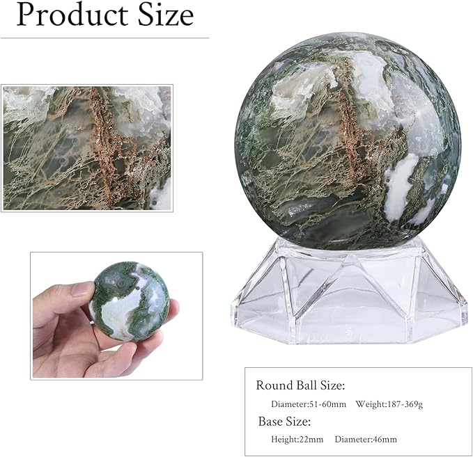 Natural Moss Agate Crystal Ball with Acrylic Display Base, 51-60mm Polished Stone Feng Shui Crystal Sphere Meditation Decoration for Home & Office